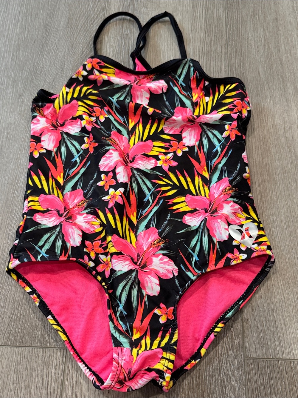 Hurley Black One-Piece Swimsuit with Pink Tropical Hibiscus